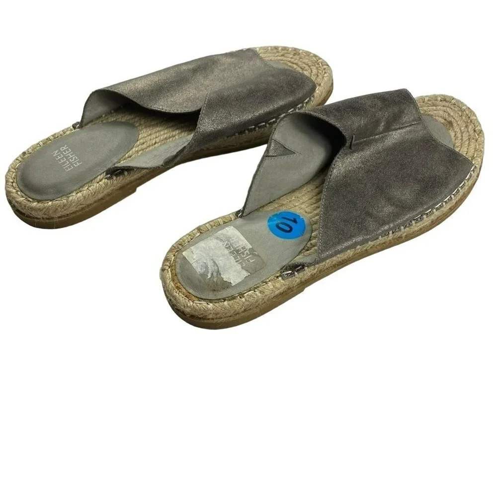 Eileen Fisher Metallic Pewter Milly Mule Espadrille Leather‎ Open Toe Sandals 10